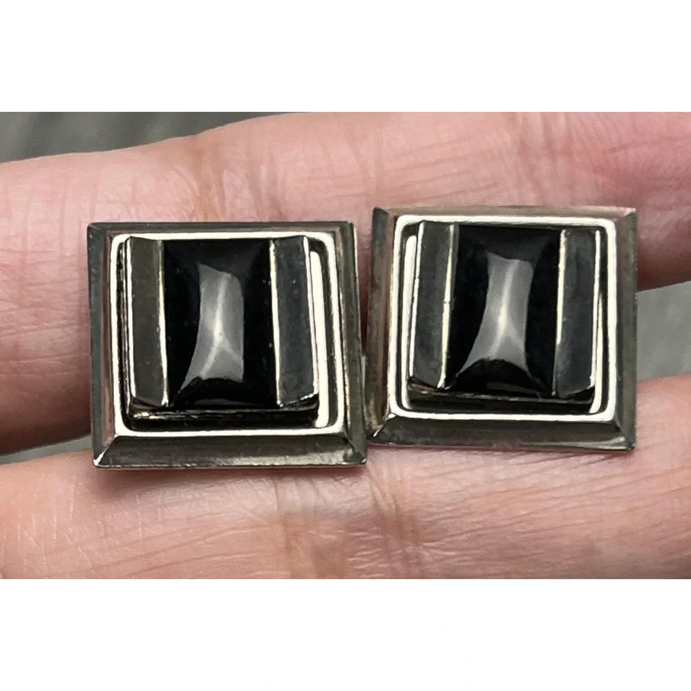 Mens Silver Tone Square Cufflinks Black Onyx Style Cabochon Dress‎ Shirt Pair
